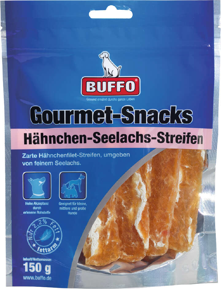 BUFFO Hundeleckerli Gourmet Snacks Hähnchen-Seelachs Streifen